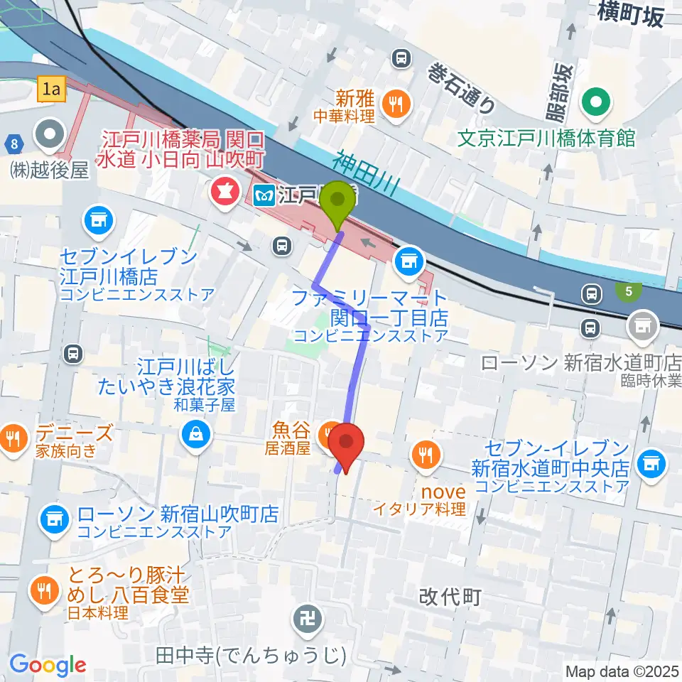ピアノパッサージュの最寄駅江戸川橋駅からの徒歩ルート（約3分）地図