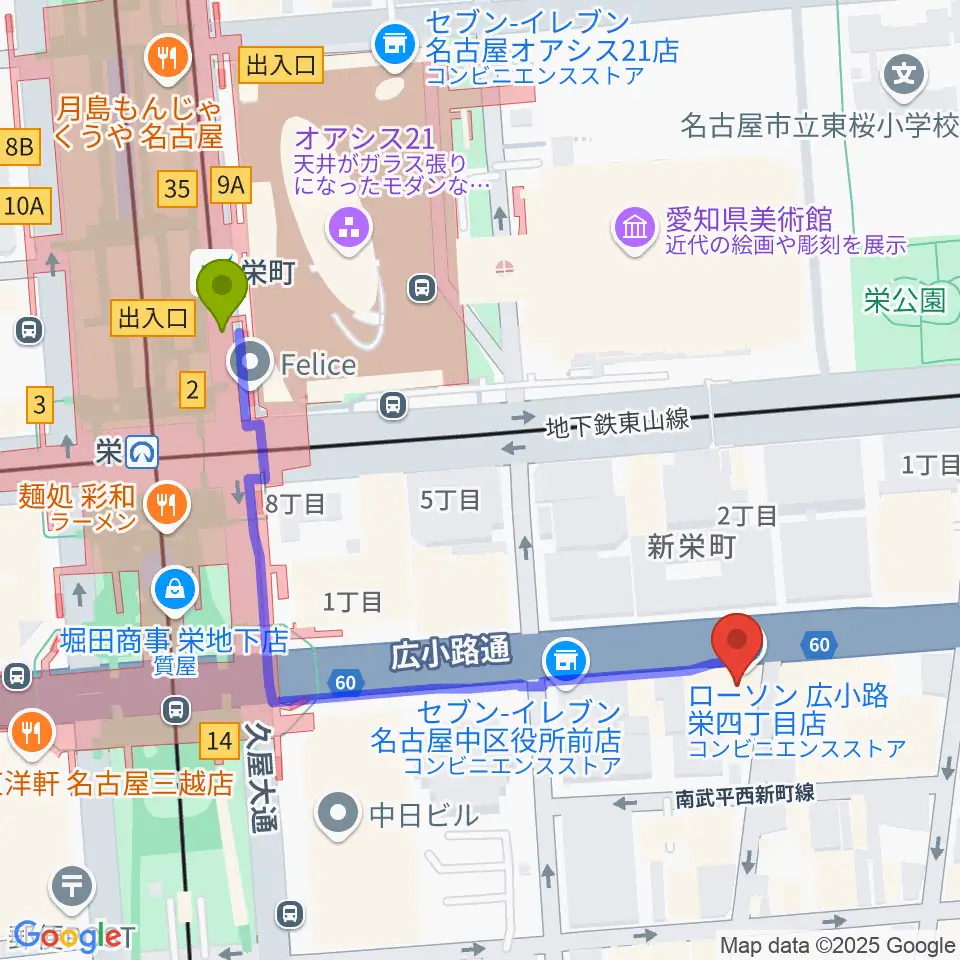 ボーカルスクールVOAT名古屋校の最寄駅栄町駅からの徒歩ルート（約5分）地図