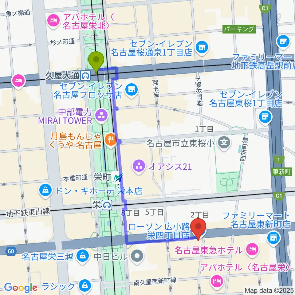 久屋大通駅からボーカルスクールVOAT名古屋校へのルートマップ地図