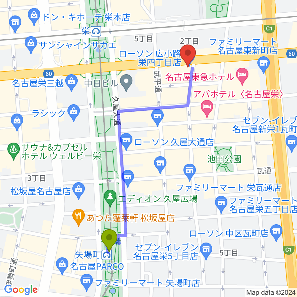 矢場町駅からボーカルスクールVOAT名古屋校へのルートマップ地図