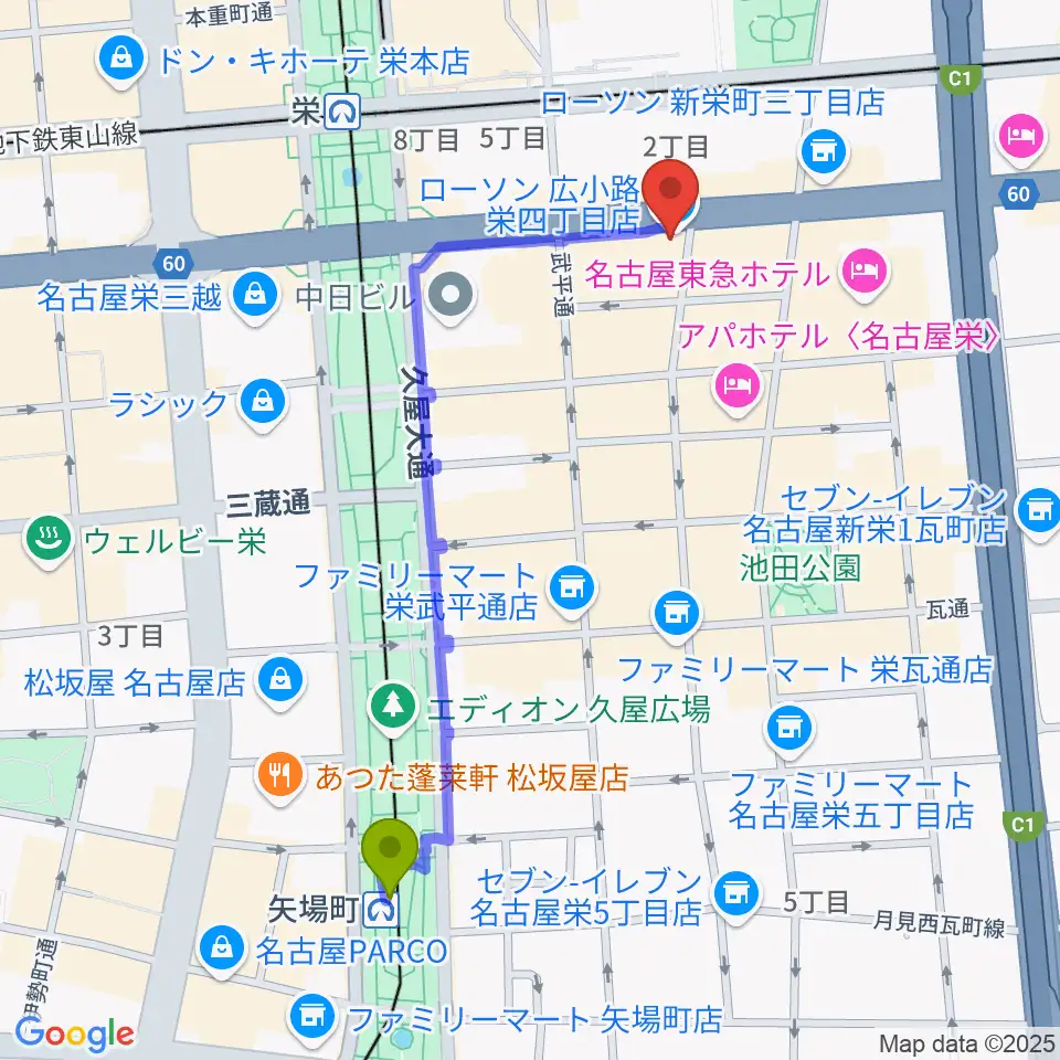 矢場町駅からボーカルスクールVOAT名古屋校へのルートマップ地図