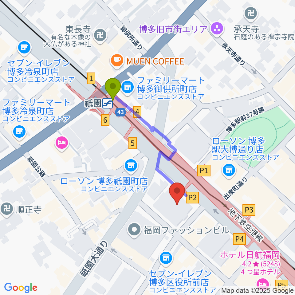 ボーカルスクールVOAT 福岡校の最寄駅祇園駅からの徒歩ルート（約3分）地図