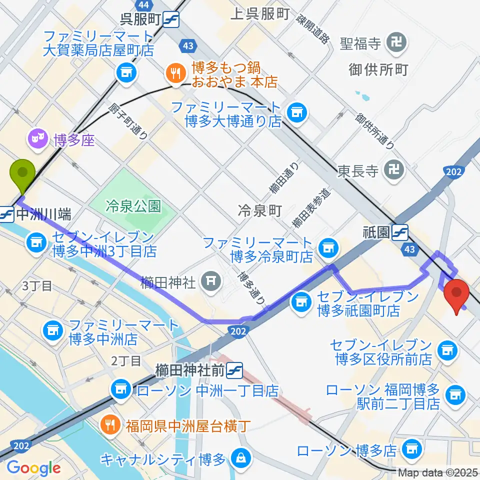 中洲川端駅からボーカルスクールVOAT 福岡校へのルートマップ地図