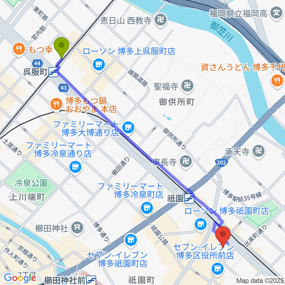 呉服町駅からボーカルスクールVOAT 福岡校へのルートマップ地図