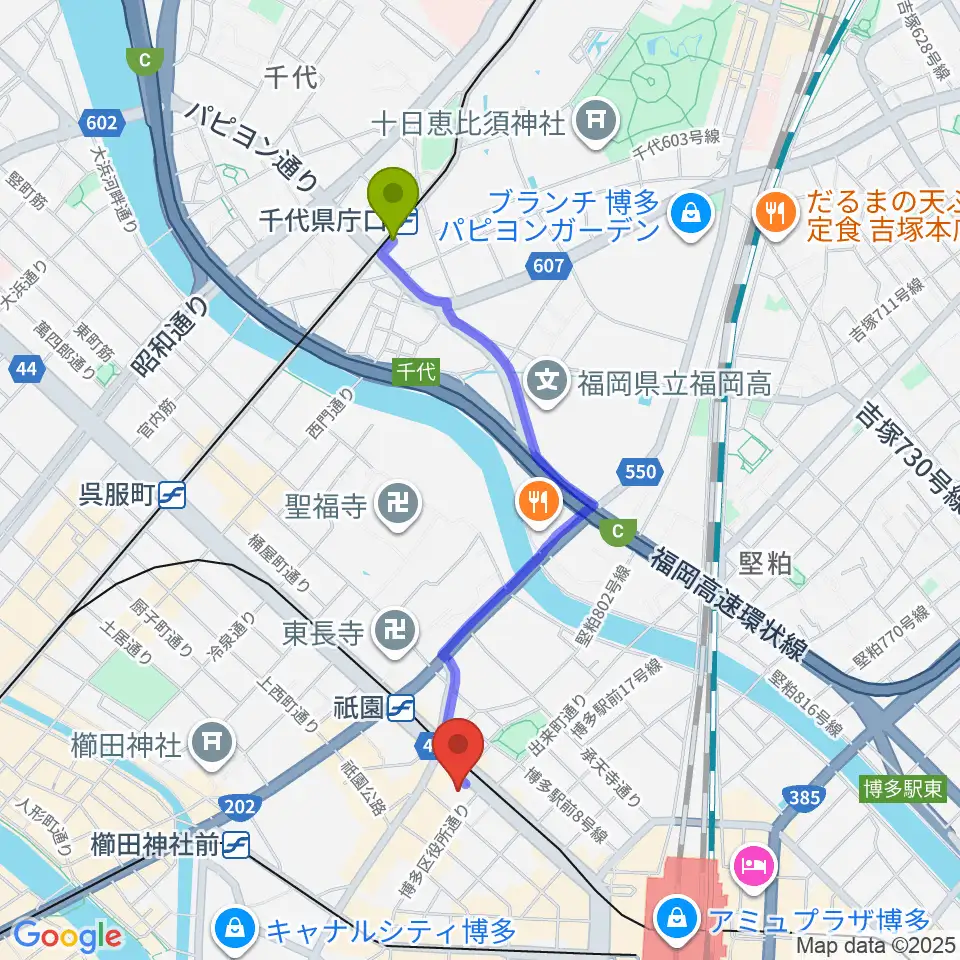 千代県庁口駅からボーカルスクールVOAT 福岡校へのルートマップ地図