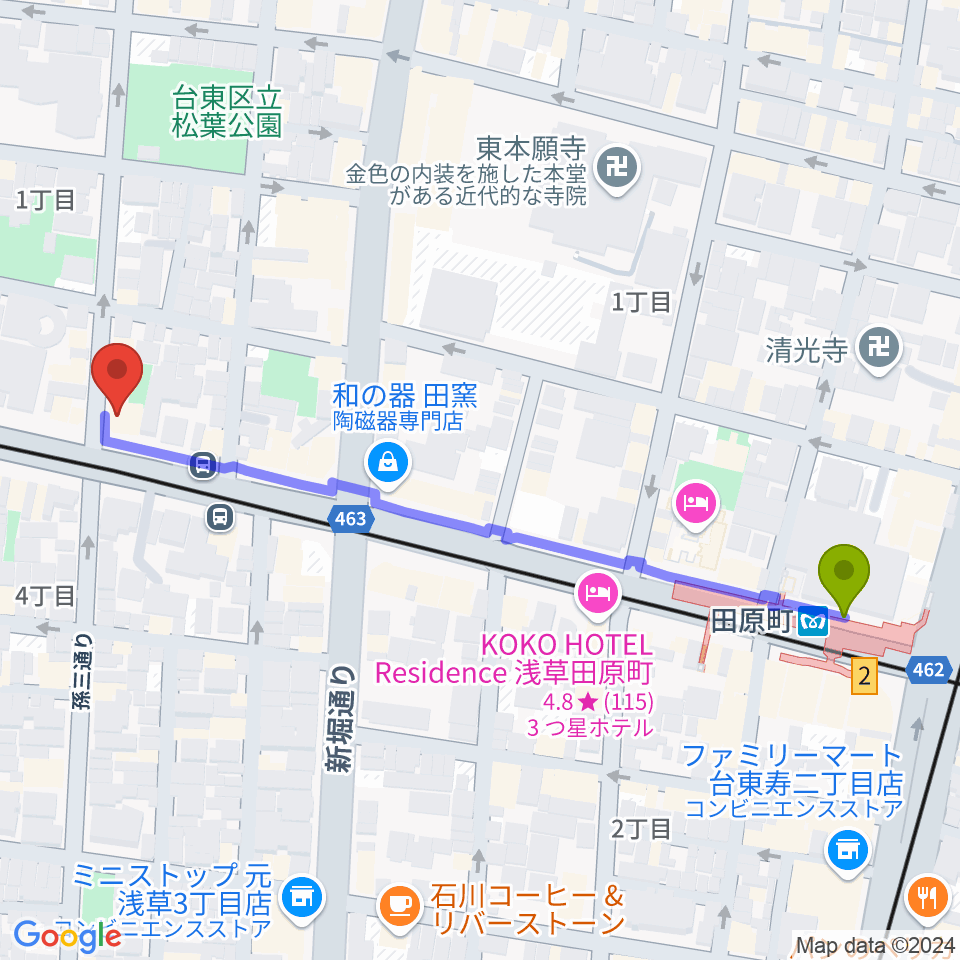 コア音楽教室の最寄駅田原町駅からの徒歩ルート（約6分）地図