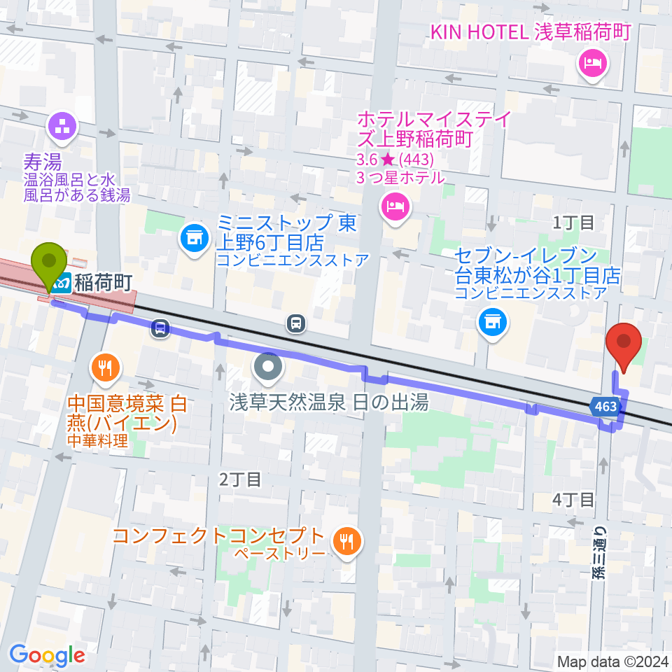 稲荷町駅からコア音楽教室へのルートマップ地図