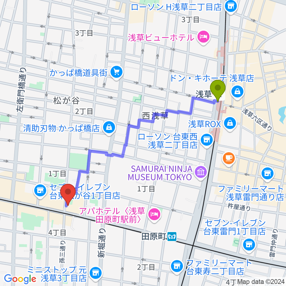 浅草駅からコア音楽教室へのルートマップ地図