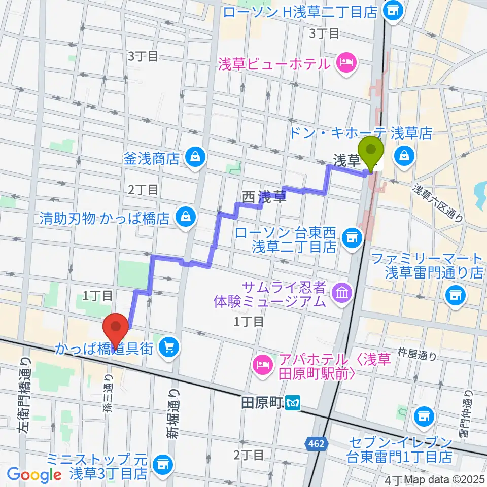 浅草駅からコア音楽教室へのルートマップ地図