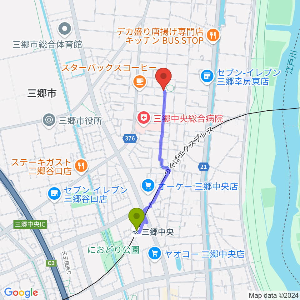 たなかピアノレッスンの最寄駅三郷中央駅からの徒歩ルート（約15分）地図