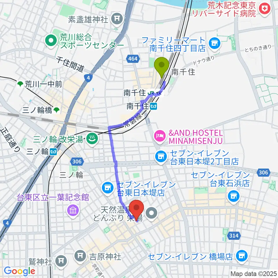 南千住駅から佐藤秀也サウンドスクールへのルートマップ地図