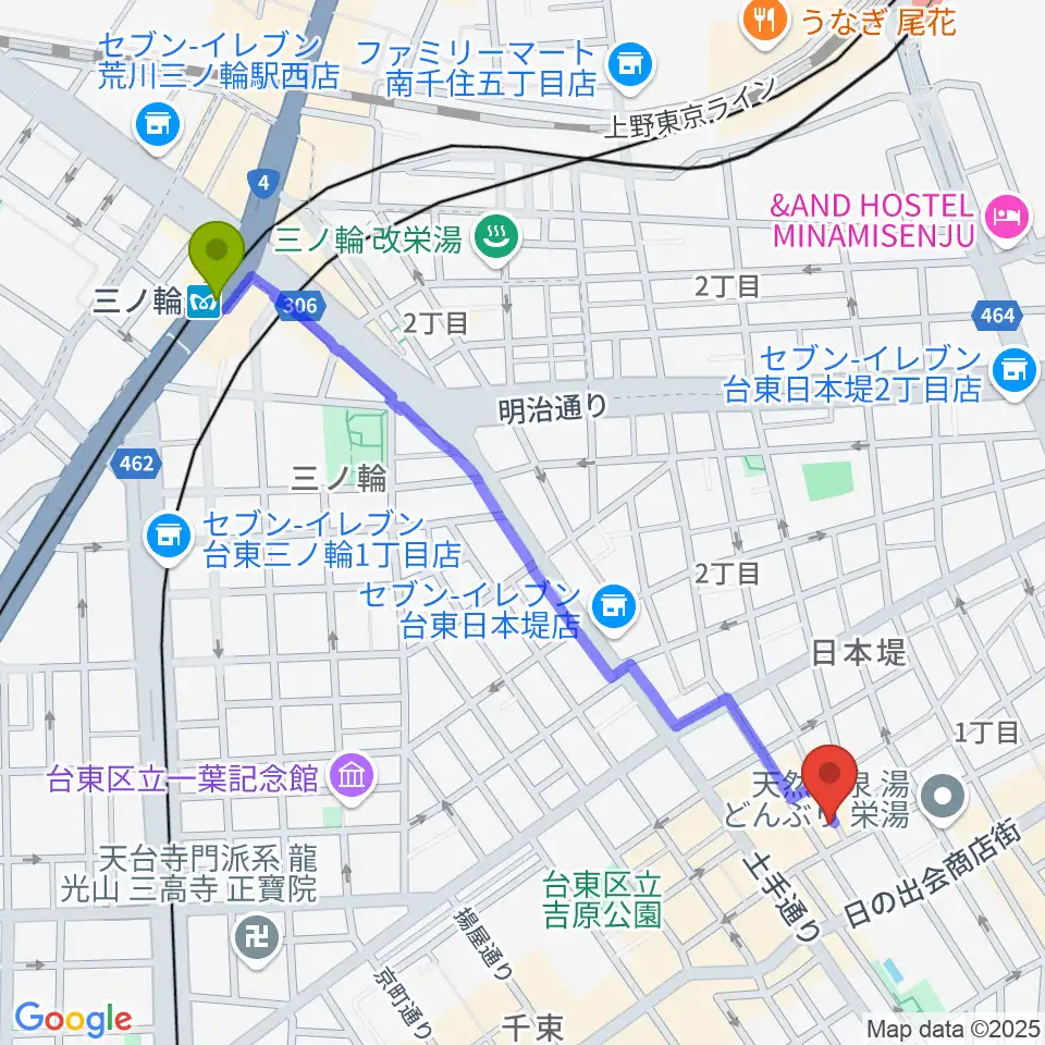 佐藤秀也サウンドスクールの最寄駅三ノ輪駅からの徒歩ルート（約12分）地図