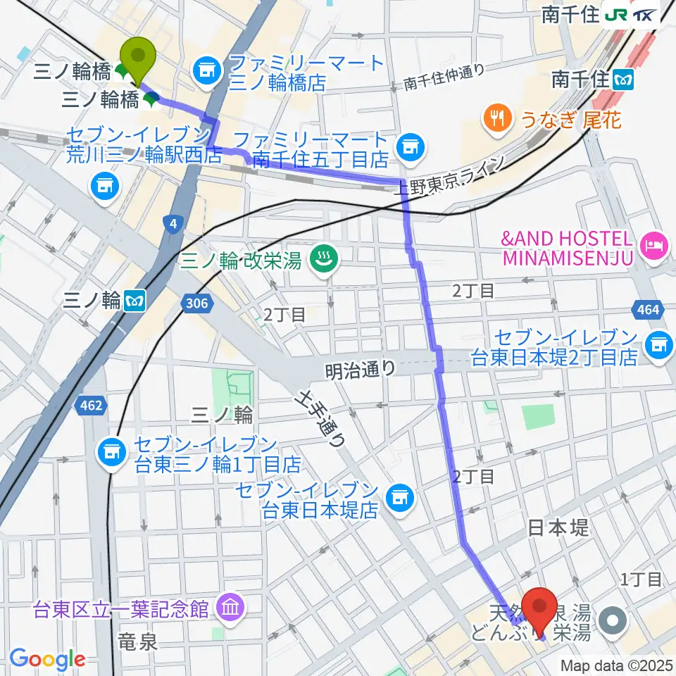 三ノ輪橋駅から佐藤秀也サウンドスクールへのルートマップ地図