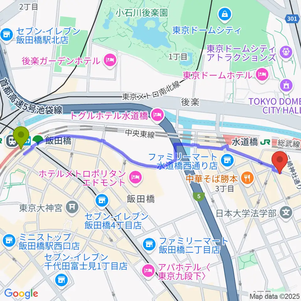 飯田橋駅からシブイオンガクスタヂオ飯田橋教室へのルートマップ地図