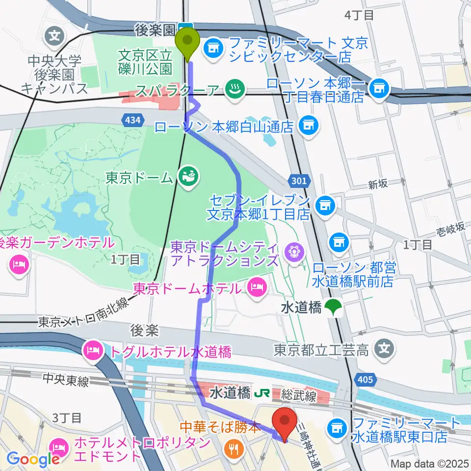 後楽園駅からシブイオンガクスタヂオ飯田橋教室へのルートマップ地図