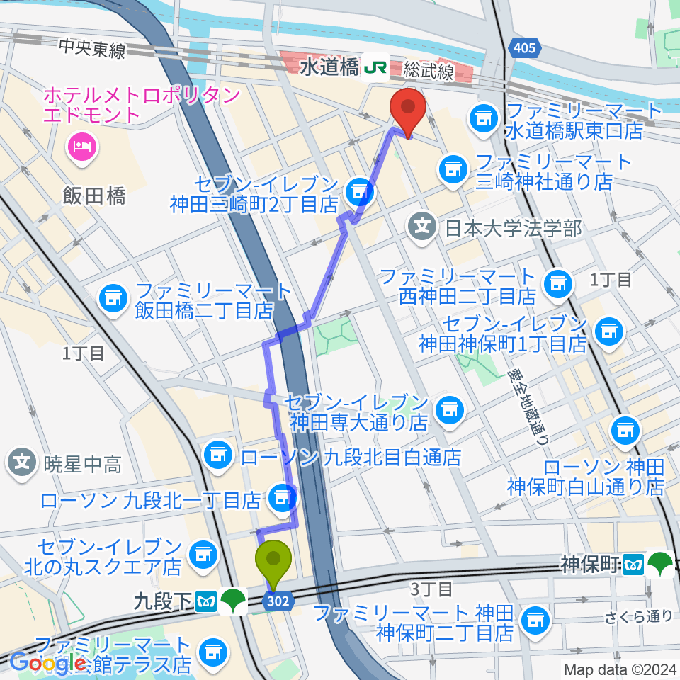 九段下駅からシブイオンガクスタヂオ飯田橋教室へのルートマップ地図