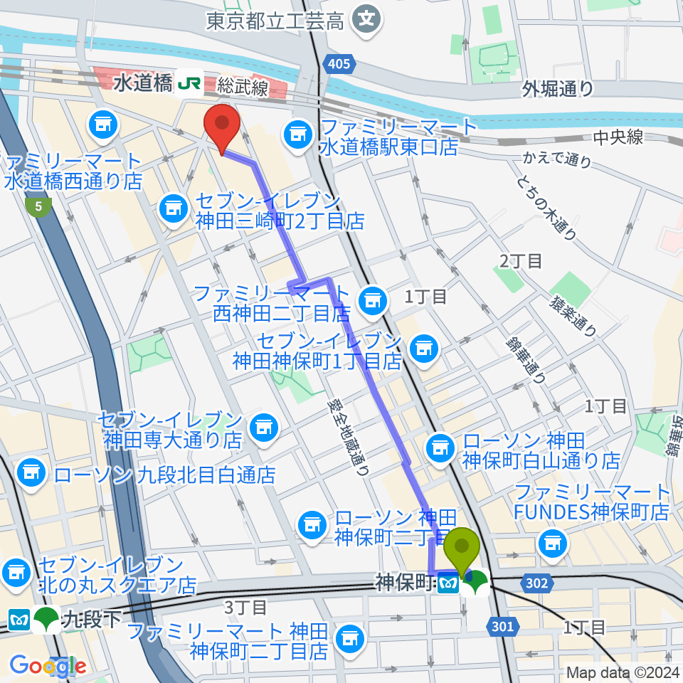 神保町駅からシブイオンガクスタヂオ飯田橋教室へのルートマップ地図