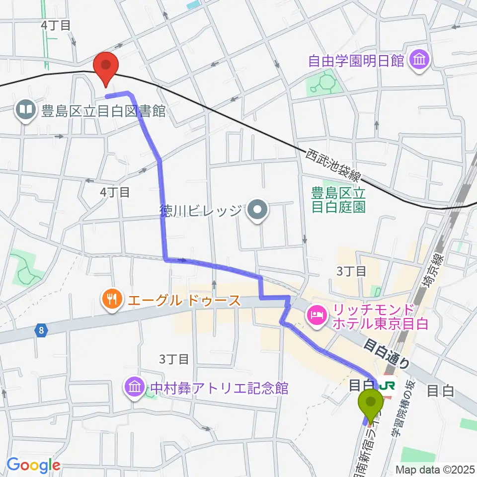 目白駅からぴあピアノ教室へのルートマップ地図