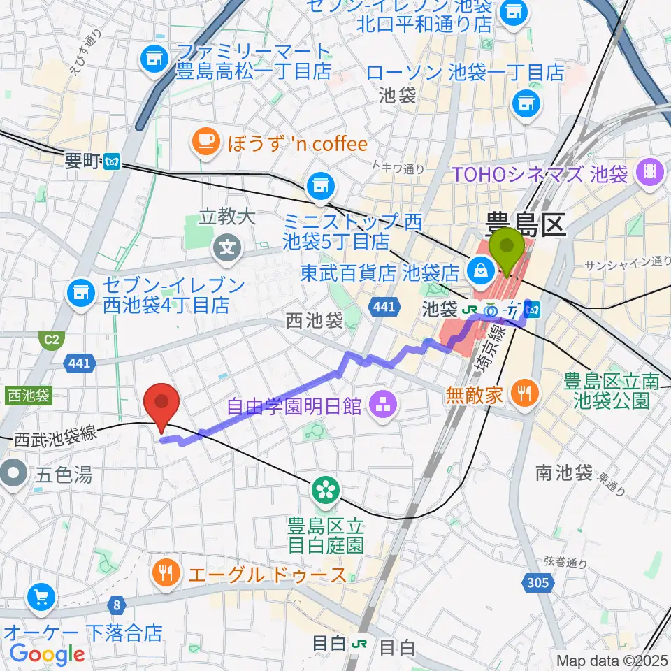 池袋駅からぴあピアノ教室へのルートマップ地図
