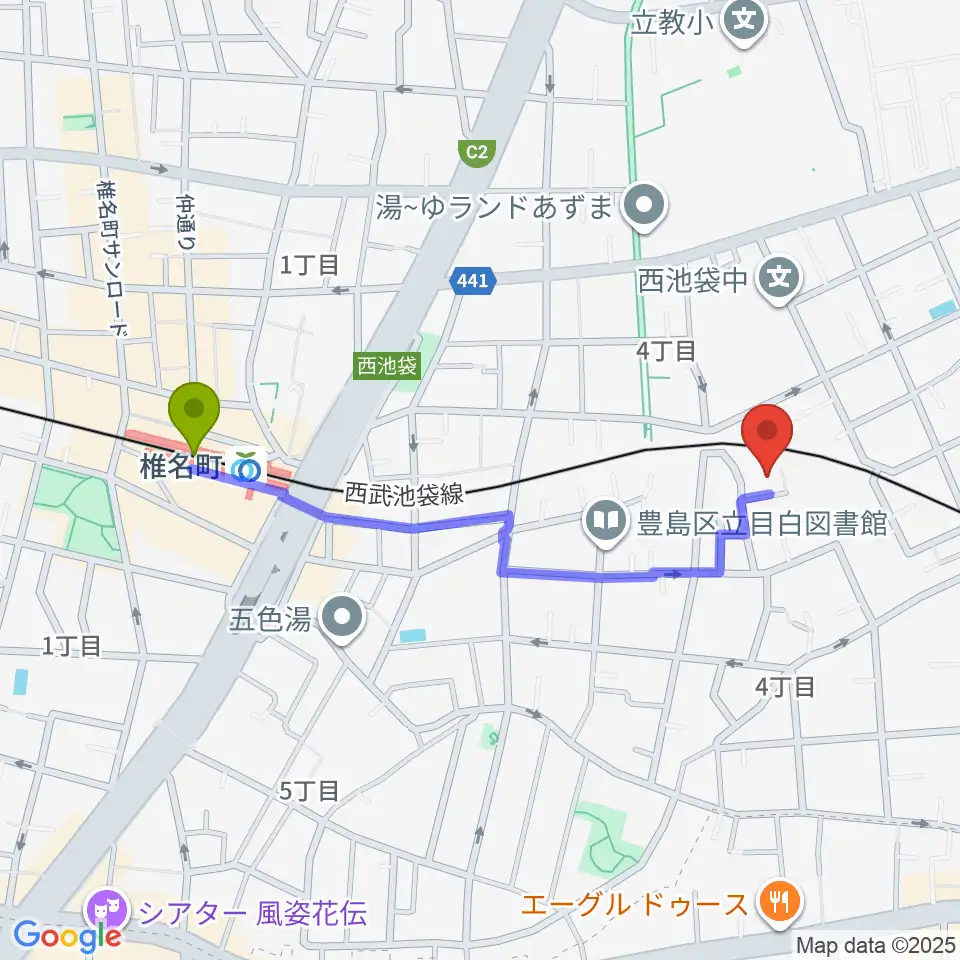 ぴあピアノ教室の最寄駅椎名町駅からの徒歩ルート（約9分）地図