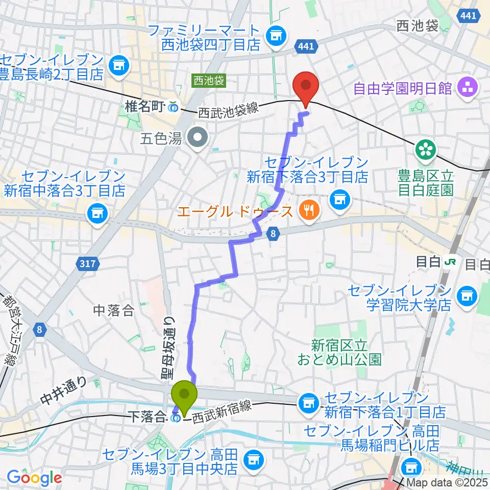 下落合駅からぴあピアノ教室へのルートマップ地図