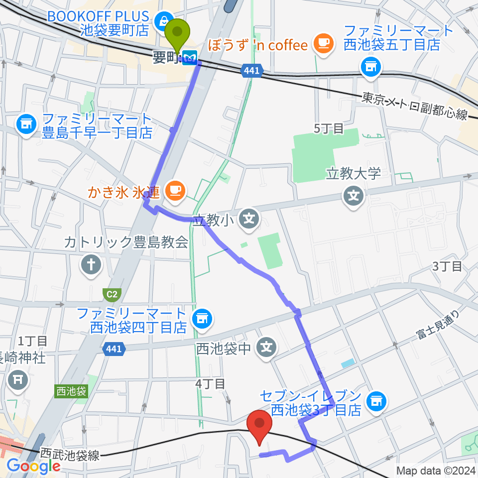 要町駅からぴあピアノ教室へのルートマップ地図