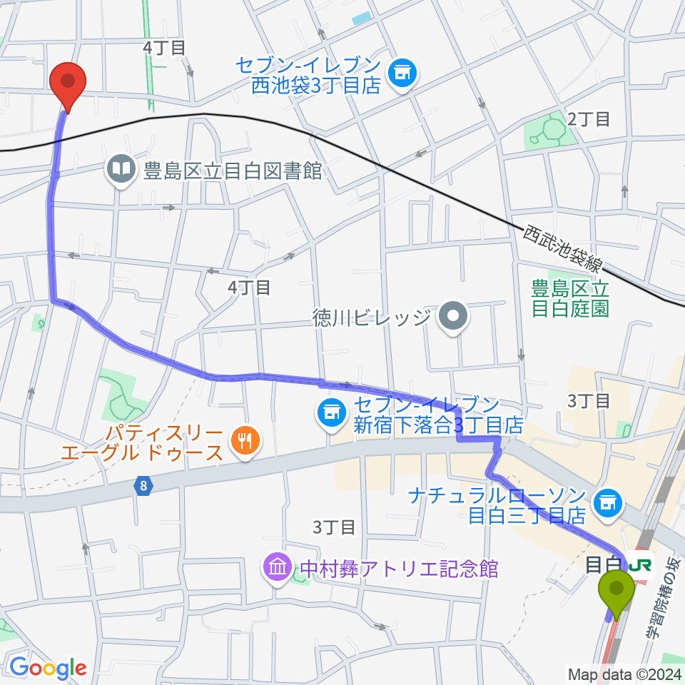 目白駅からメロディアピアノ教室へのルートマップ地図