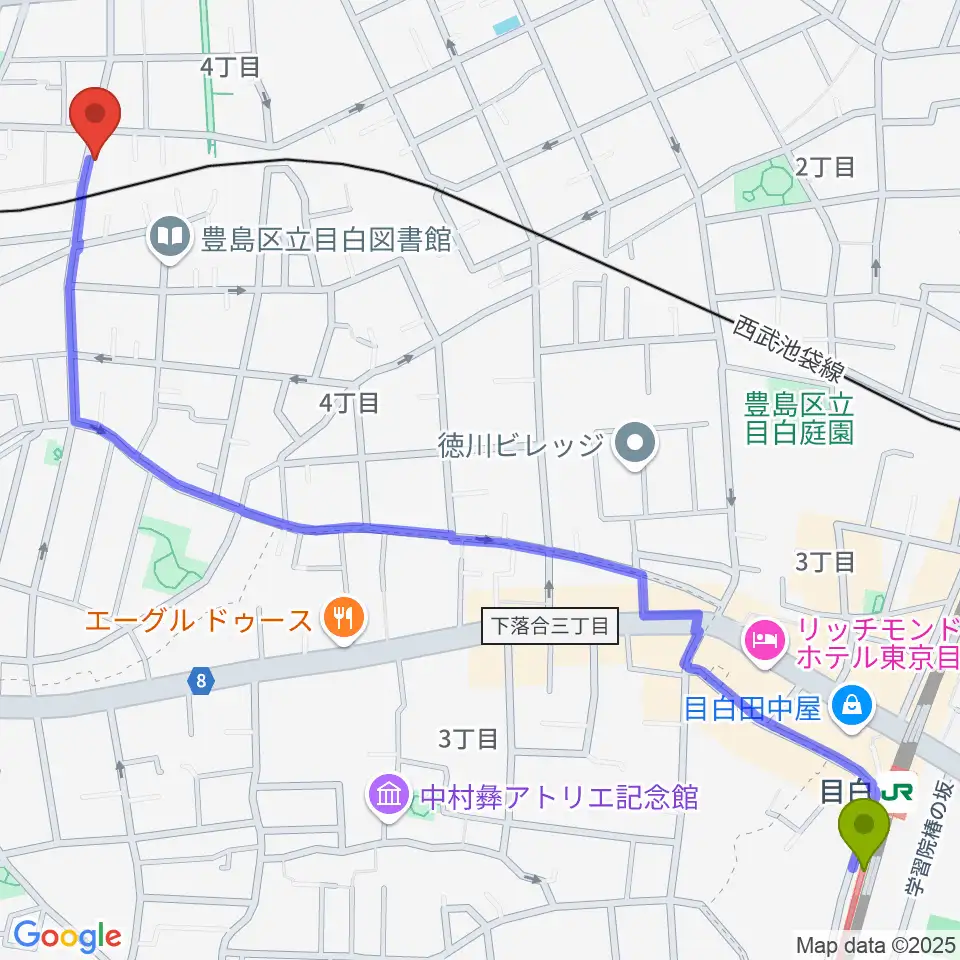 目白駅からメロディアピアノ教室へのルートマップ地図