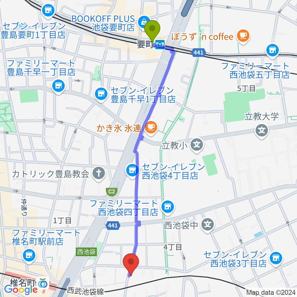 要町駅からメロディアピアノ教室へのルートマップ地図