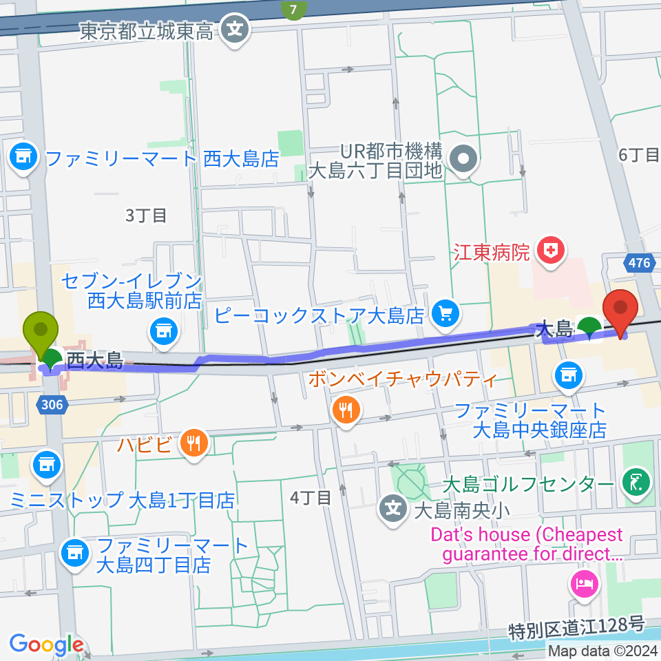 西大島駅から英会話とピアノの教室グローリーアカデミーへのルートマップ地図