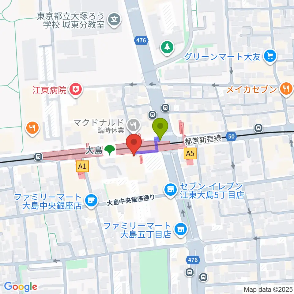 グローリーアカデミーの最寄駅大島駅からの徒歩ルート（約1分）地図