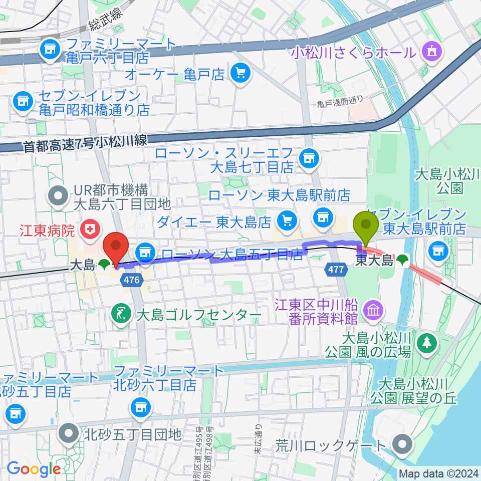 東大島駅から英会話とピアノの教室グローリーアカデミーへのルートマップ地図