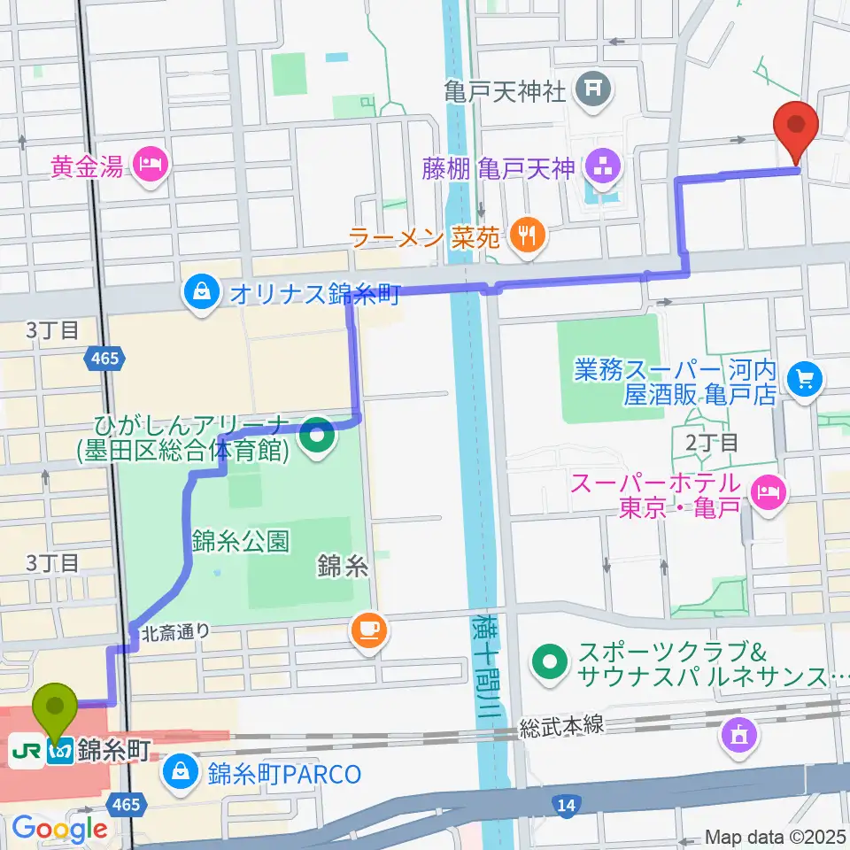 錦糸町駅からメロディポシェットへのルートマップ地図