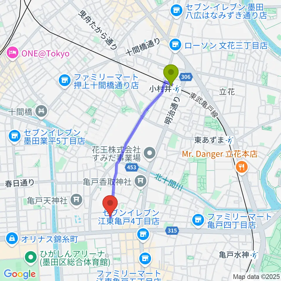 小村井駅からメロディポシェットへのルートマップ地図