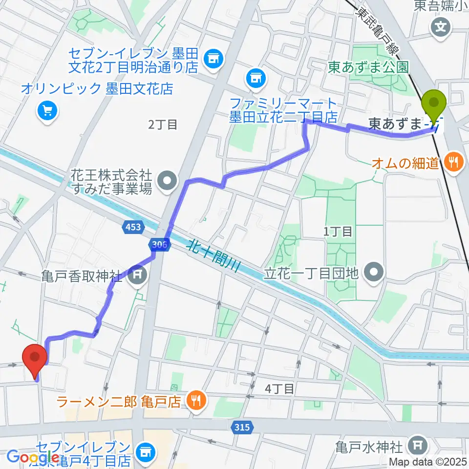 東あずま駅からメロディポシェットへのルートマップ地図