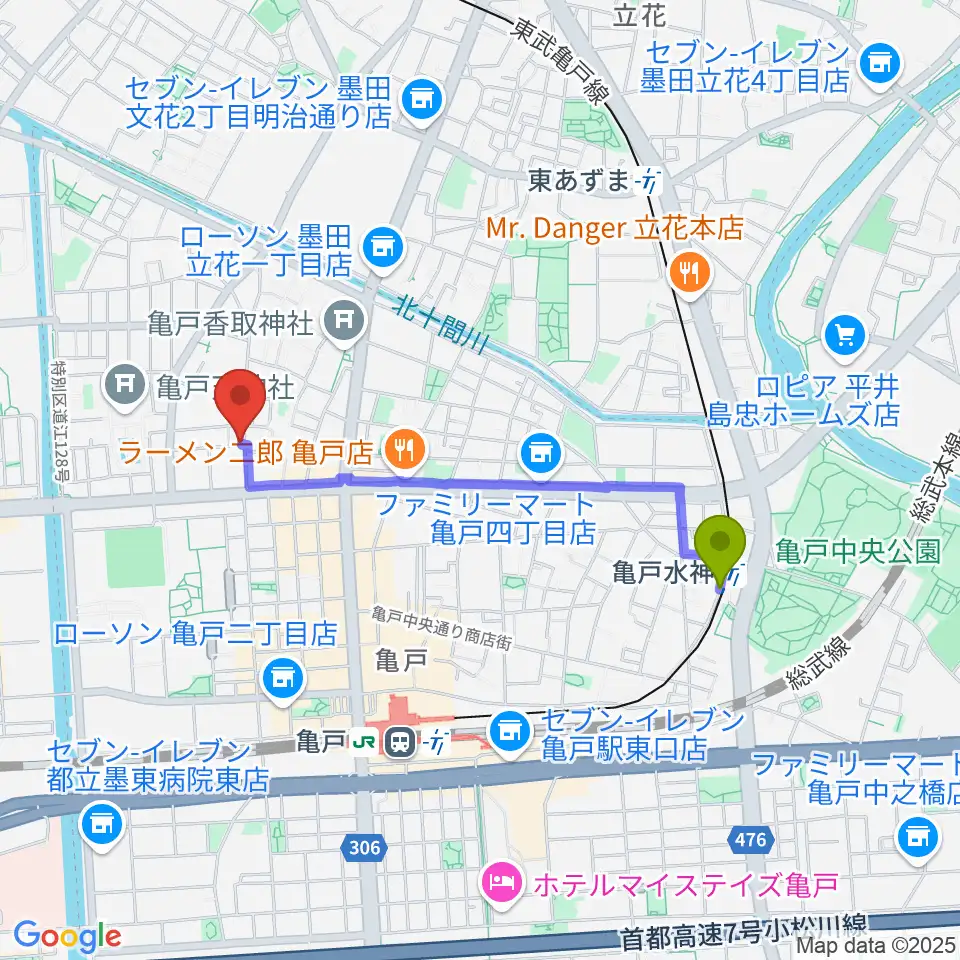 亀戸水神駅からメロディポシェットへのルートマップ地図