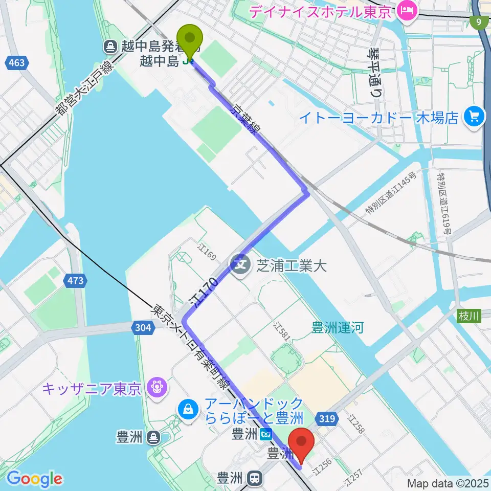 越中島駅からRe-music とよす音楽教室へのルートマップ地図