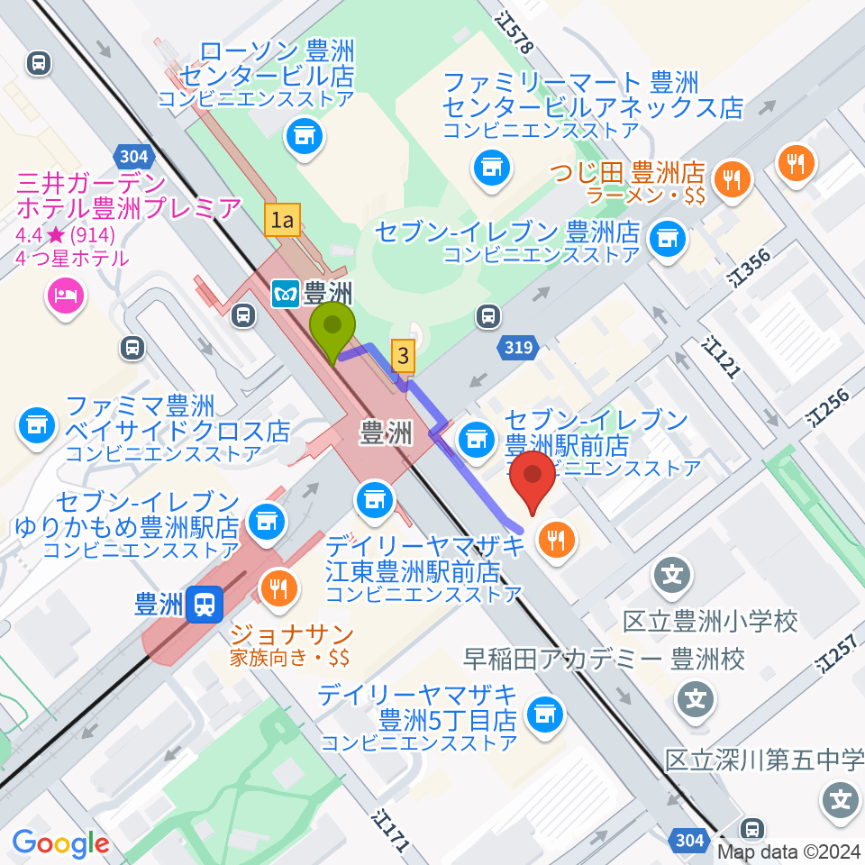 Re-music とよす音楽教室の最寄駅豊洲駅からの徒歩ルート（約2分）地図