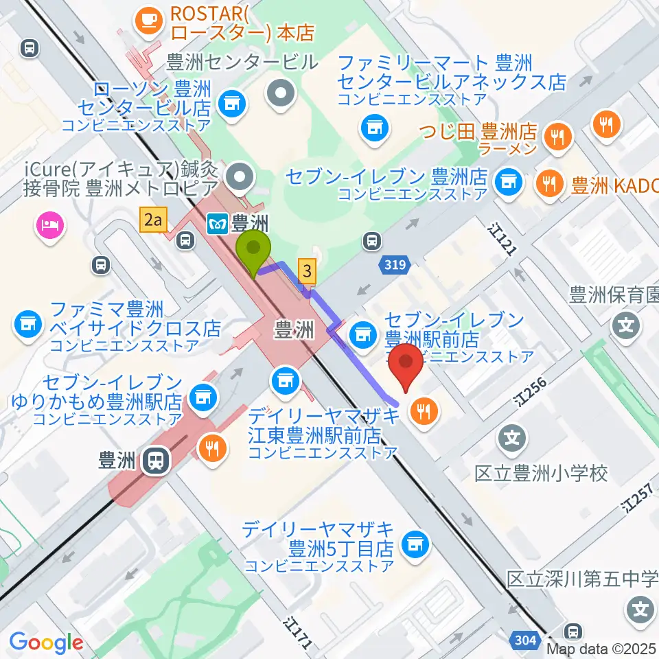 Re-music とよす音楽教室の最寄駅豊洲駅からの徒歩ルート（約2分）地図