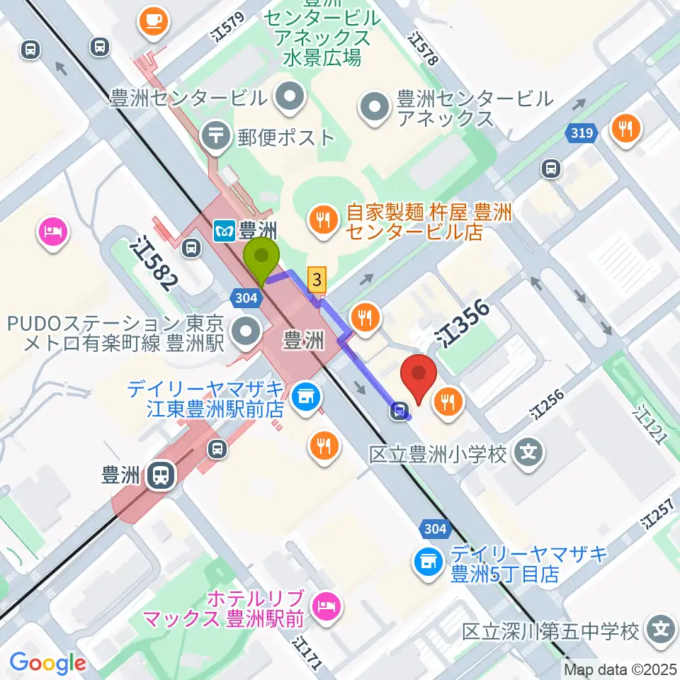 Re-music とよす音楽教室の最寄駅豊洲駅からの徒歩ルート（約2分）地図