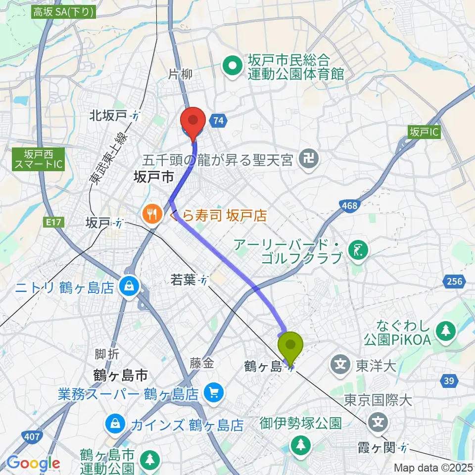 鶴ヶ島駅からわかば楽器 ライブスペースリディムへのルートマップ地図