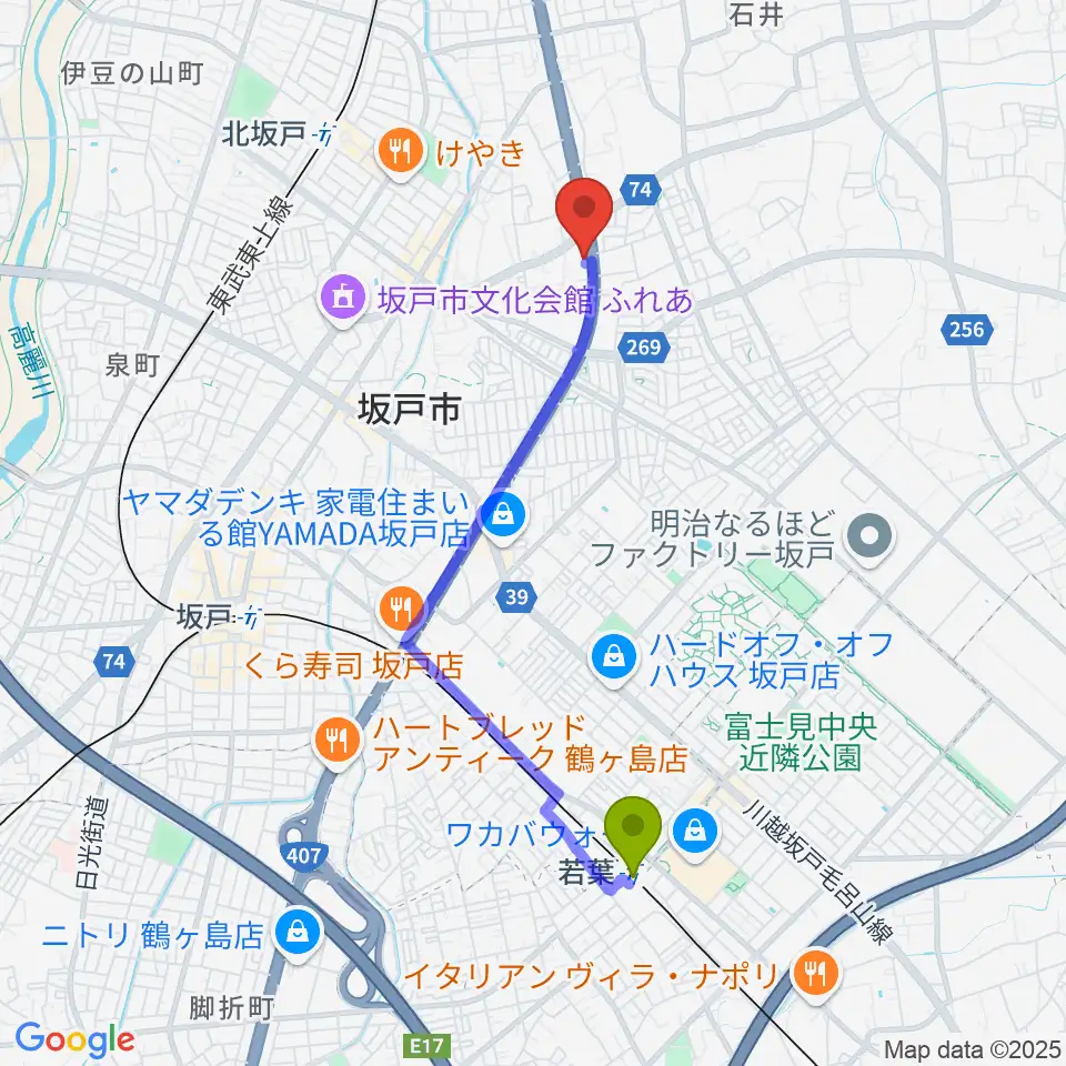若葉駅からわかば楽器 ライブスペースリディムへのルートマップ地図