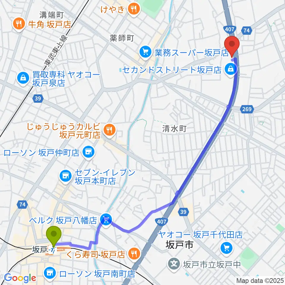 坂戸駅からわかば楽器 ライブスペースリディムへのルートマップ地図