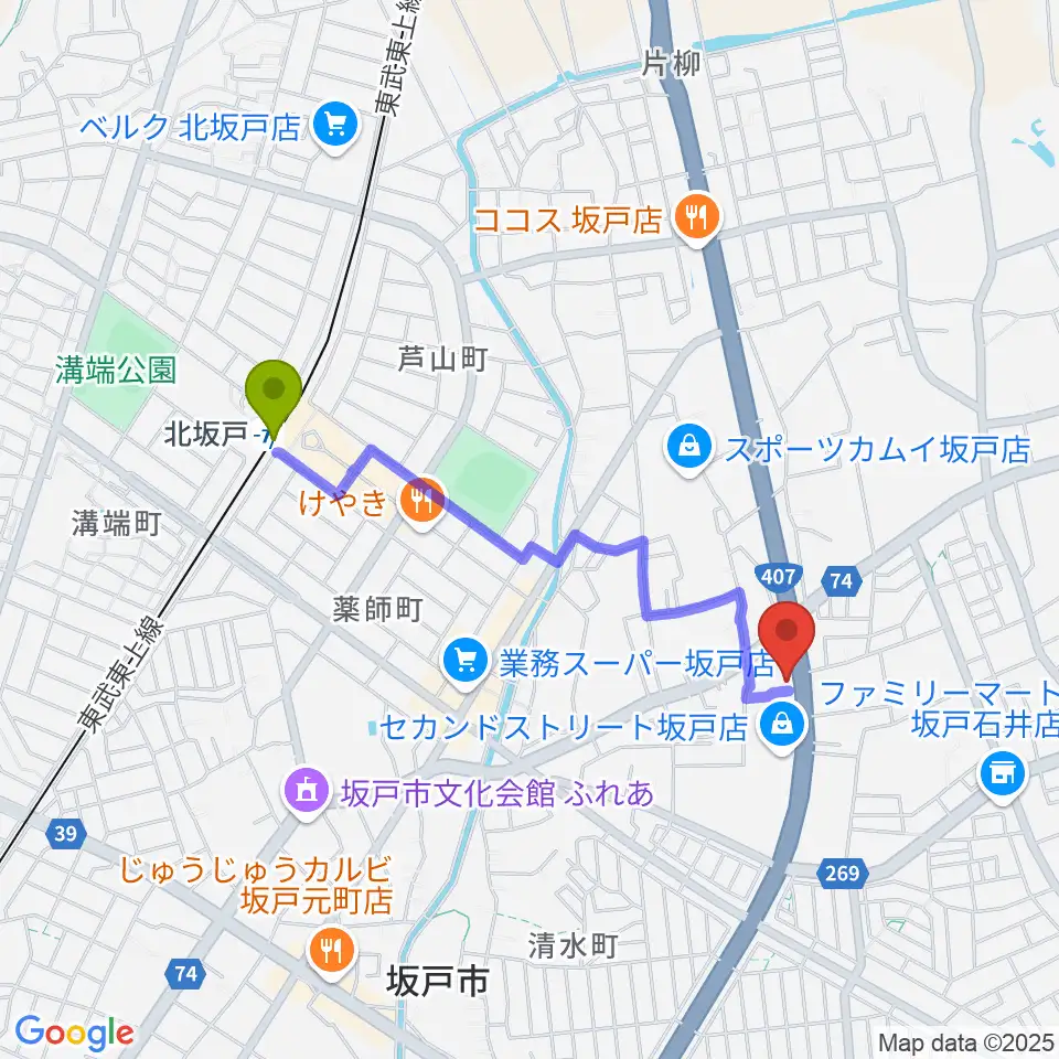 わかば楽器 ライブスペースリディムの最寄駅北坂戸駅からの徒歩ルート（約17分）地図