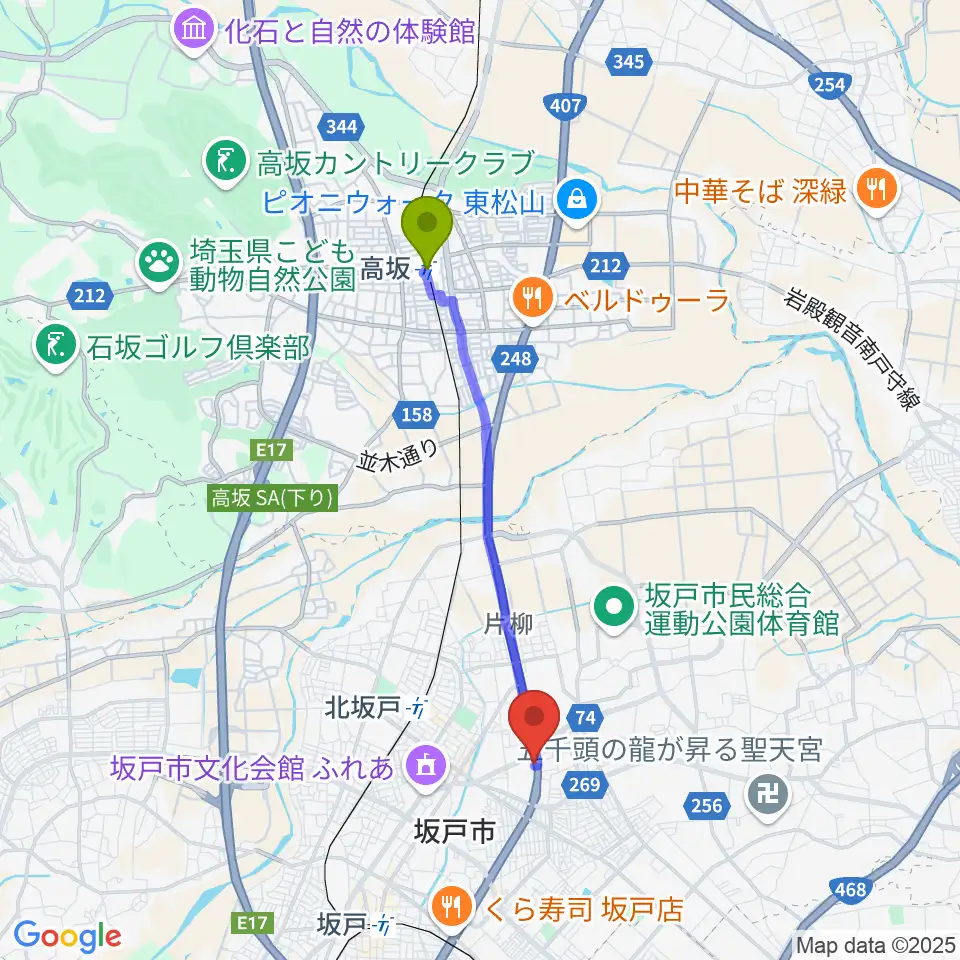 高坂駅からわかば楽器 ライブスペースリディムへのルートマップ地図