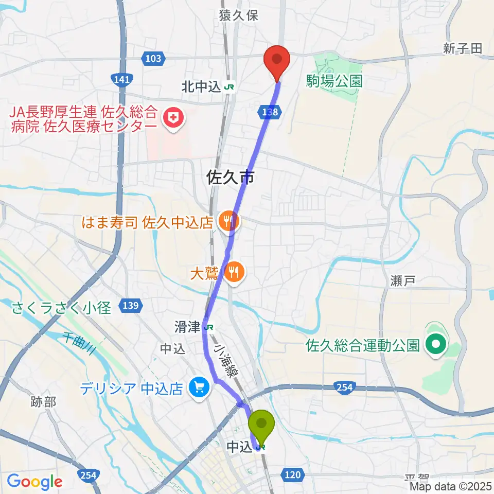 中込駅からRock Sun Music Schoolへのルートマップ地図