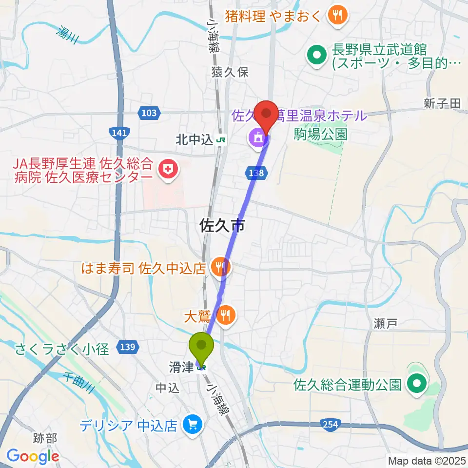 滑津駅からRock Sun Music Schoolへのルートマップ地図