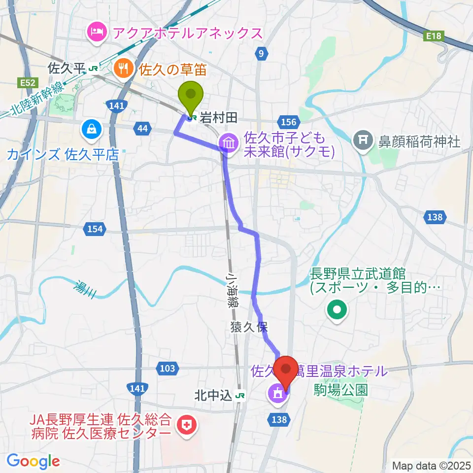 岩村田駅からRock Sun Music Schoolへのルートマップ地図