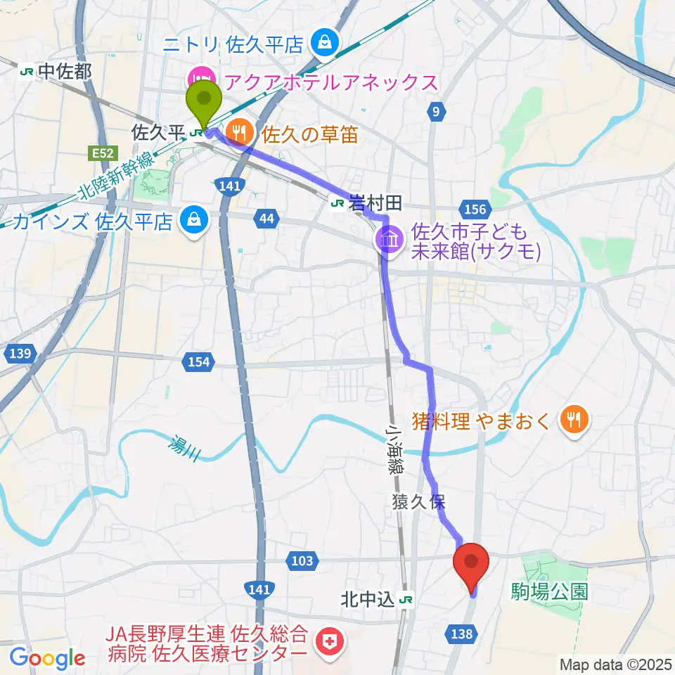 佐久平駅からRock Sun Music Schoolへのルートマップ地図