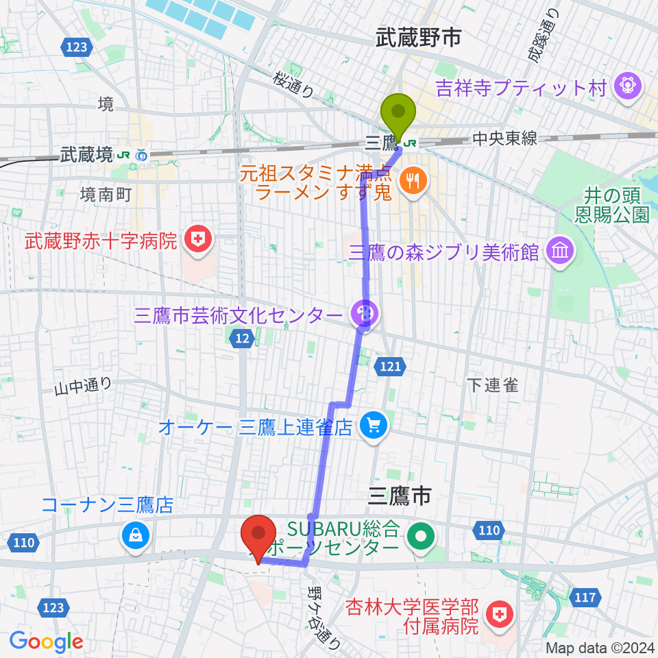 三鷹駅からパルナスタジオ（Parna Studio）へのルートマップ地図